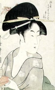 T H Riches 1913 Busto retrato de uma mulher segurando uma xícara de chá, da série `Meisho Koshikake Hakkei` (impressão em bloco de madeira) de Kitagawa Utamaro