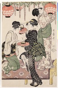 Meninas da casa de chá sob uma espaladora de wistaria, 1795 de Kitagawa Utamaro