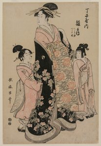 A cortesã Hinazuru de Chojiya com seus assistentes Tsuruji e Tsuruno, c. 1794 de Kitagawa Utamaro