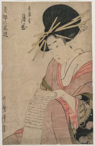 A cortesã Tsukioka de Hyogoya Rolling a Letter (da série A Selection of Six Authors in the Green Houses) de Kitagawa Utamaro