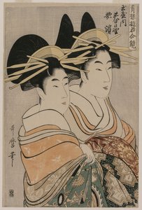 As cortesãs Kasugano e Utahama de Tamaya da série Courtesans of the Pleasure Quarters in Double Mirrors de Kitagawa Utamaro