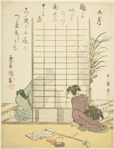 O Nono Mês (Kugatsu), de uma série sem título de cenas de gênero nos doze meses, com poemas kyoka de Kitagawa Utamaro