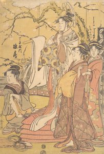 O Oiran Hinazuru de Chojiya em pé sobre uma pilha de Futon, ca. 1794. de Kitagawa Utamaro