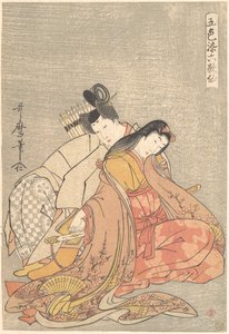 «O poeta Ariwara no Narihira (825–880) e Ono no Komachi», da série «As Cinco Cores do Amor para os Seis Imortais da Poesia» (Goshiki-zome rokkasen) de Kitagawa Utamaro