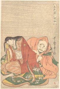 «O poeta Sōjō Henjō (816-890) a introduzir uma carta na manga de uma mulher», da série Cinco cores do amor para os seis poetas imortais (Goshiki-zome rokkasen) de Kitagawa Utamaro