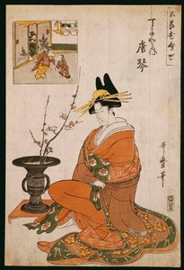 A cortesã, Karakoto do Chojiya, sentada por um arranjo de flores de ameixa de Kitagawa Utamaro