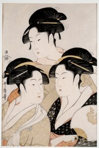 Três belezas do nosso tempo. Impressão japonesa de Utamaro Kitagawa (1753 - 1806) estilo Ukiyo-E, cerca de 1794. Paris, Musee Guimet de Kitagawa Utamaro