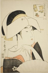 Tomimoto Toyohina, da série Belezas Renomadas Comparadas aos Seis Poetas Imortais (Komei bijin rokkasen) (Tomimoto Toyohina) (imagem-enigma) de Kitagawa Utamaro