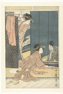 Duas cortesãs e um jovem sob um mosquiteiro de Kitagawa Utamaro