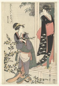 Duas mulheres por um arbusto de yamabuki florido: o segundo acto.
Nidanme (título sobre o objecto)
Paródia de Chushingura por belezas reconhecidas. (título da série)
Komei bijin mitate Chushingura (título da série sobre o objecto) de Kitagawa Utamaro