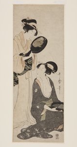 Duas damas, cada uma com uma porção de um espelho lacado (impressão a cores em bloco de madeira) de Kitagawa Utamaro