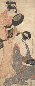 Duas damas, cada uma com uma porção de um espelho lacado, 1790s. de Kitagawa Utamaro