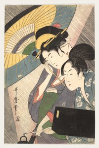 Duas mulheres sob um guarda-chuva, década de 1790 de Kitagawa Utamaro