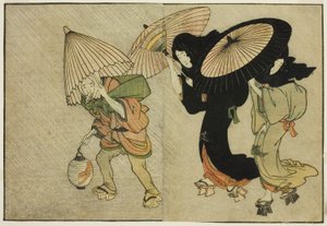 Two Women and Attendant Caught in a Storm, do livro ilustrado "Livro de Imagens: Flores das Quatro Estações (Ehon shiki no hana)", vol. 2 de Kitagawa Utamaro