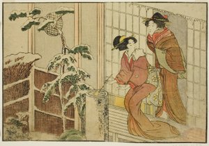 Duas mulheres na varanda em uma manhã de neve, do livro ilustrado "Livro ilustrado: Flores das quatro estações (Ehon shiki no hana)", vol. 2 de Kitagawa Utamaro