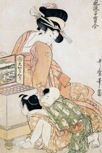 Duas crianças a olhar para uma grande caixa óptica de Kitagawa Utamaro