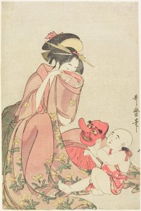 Mulher a brincar com uma criança com uma máscara de tengu de Kitagawa Utamaro