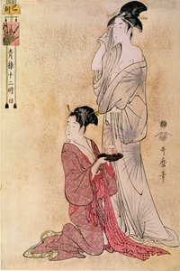 A mulher tem a sua casa de banho ajudada pela sua serva japonesa estampada por Utamaro Kitagawa (1753-1806). Século XVIII. Paris, Museu Guimet, Museu de Artes Asiáticas de Kitagawa Utamaro