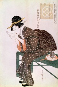 Leitura feminina. Feito com um crepe de Echigoya. Série Summer Ensemble: "As belezas do nosso tempo." Impressão japonesa de Utamaro Kitagawa (1753-1806). 1804-1806. Dim. 0,37x0,25 m. Paris, Museu Guimet, Museu de Artes Asiáticas de Kitagawa Utamaro