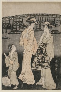 Mulheres curtindo a noite fresca perto da ponte Ryogoku de Kitagawa Utamaro