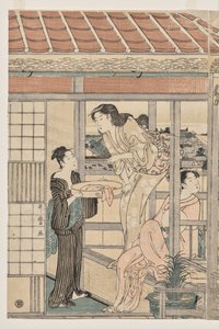 Mulheres penduradas para secar na varanda de Kitagawa Utamaro