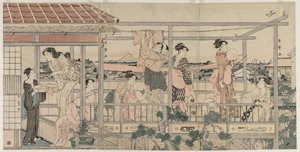 Mulheres penduradas para secar na varanda de Kitagawa Utamaro