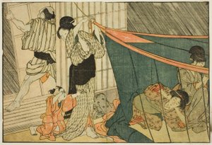 Mulheres dentro de uma rede mosquiteira durante uma tempestade, do livro ilustrado "Livro ilustrado: Flores das quatro estações (Ehon shiki no hana)", vol. 1 de Kitagawa Utamaro