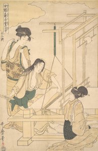 Mulheres tecendo panos de seda, ca. 1800. de Kitagawa Utamaro