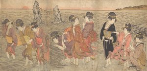 Mulheres Adorando o Sol Nascente entre as Rochas Gêmeas em Ise, no final do século 18 - início do século 19. de Kitagawa Utamaro