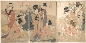 Mulheres e crianças nas margens de um ribeiro de Kitagawa Utamaro