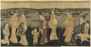 Mulheres assistindo fogos de artifício no rio Sumida de Kitagawa Utamaro