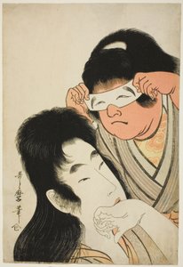 Yamauba com Kintaro segurando uma máscara de brinquedo de Kitagawa Utamaro