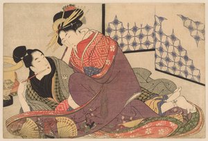 Jovem fumando com uma cortesã O homem Jonge conheceu a cortesã Negai no itoguchi (título da série) de Kitagawa Utamaro