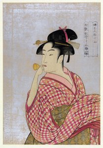 Mulher Jovem Soprando um Tubo de Vidro (poppin), da série Dez Tipos no Estudo Fisiognômico de Mulheres par Utamaro, Kitagawa (1753-1806), ca. 1792 - Lenha colorida, 38,9x27,5 - Coleção Particular de Kitagawa Utamaro