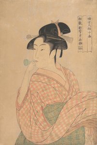 Jovem mulher a soprar um copo de vidro Popen..., ca. 1792-93. de Kitagawa Utamaro
