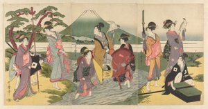 Um jovem e o seu grupo atravessam um riacho antes do Monte Fuji de Kitagawa Utamaro