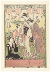 Três mulheres e um rapaz debaixo de lanternas de Kitao Masanobu (attributed to)