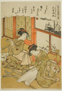 Velas de retorno das facas de bambu (Takenaga no kihan), da série "Oito vistas de utensílios de criadas (Jochu tedogu hakkei)" de Kitao Masanobu