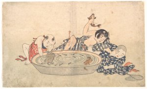 Rapazes a brincar com uma bacia de peixes e tartarugas de Kitao Shigemasa