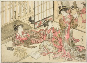 Cortesãs de Kado Daikokuya, do livro "Espelho de Belas Mulheres dos Bairros do Prazer (Seiro bijin awase sugata kagami)", vol. 2 de Kitao Shigemasa