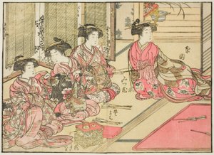 Cortesãs de Kiriya, do livro "Mirror of Beautiful Women of the Pleasure Quarters (Seiro bijin awase sugata kagami)", vol. 2 de Kitao Shigemasa