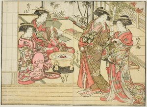 Cortesãs de Otawaraya, do livro "Espelho de Belas Mulheres dos Bairros do Prazer (Seiro bijin awase sugata kagami)", vol. 2 de Kitao Shigemasa