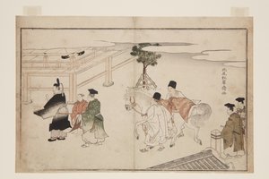 Ano Novo Apresentação de um cavalo branco (impressão a cores em bloco de madeira) de Kitao Shigemasa