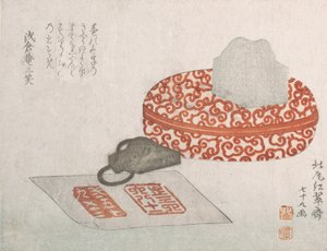 Selos e um Recipiente de Verniz Esculpido para Tinta de Vedação, 1817. de Kitao Shigemasa