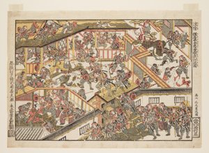 The Night Attack from the Storehouse of Loyalty, New Perspectives (Uki-e Kanadehon Chushingura youchi no zu) (impressão a cores do bloco de madeira) de Kitao Shigemasa
