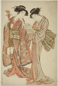 Duas Gueixas Segurando um Shamisen e um Livro de Canções de Kitao Shigemasa