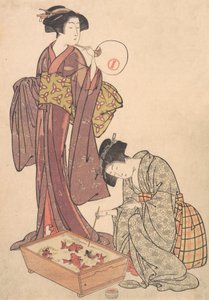 Duas mulheres alimentando peixes, 1739-1820. de Kitao Shigemasa