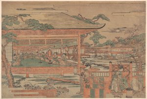 Ushiwaka, o jovem Yoshitsune, faz uma serenata a Jorurihime de Kitao Shigemasa
