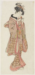 Mulher jovem, examinando, um, chão, cereja, tarde, 18º século, (color, woodblock, print) de Kitao Shigemasa