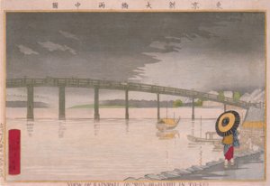 Vista da precipitação na Ponte Shin-Ohashi em Tóquio (anteriormente também To-kei) de Kiyochika Kobayashi